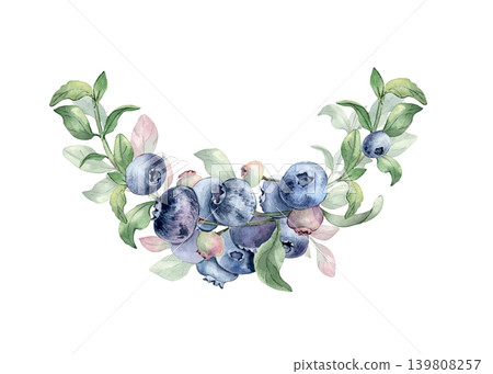 Blueberry wreath hand painted with watercolor arc isolated on white. Berry branch for cosmetic or jam design. Natural organic fruit design element of semicircle of fresh berries for drink packaging. Blueberry wreath hand painted with watercolor arc isolated on white. Berry branch for cosmetic or jam design. Natural organic fruit design element of semicircle of fresh berries for drink packaging. 139808257