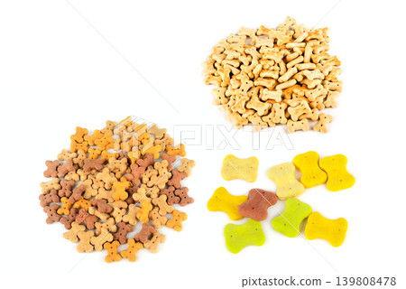 Assorted Bone Shaped Dog Treats Isolated on White Background 139808478