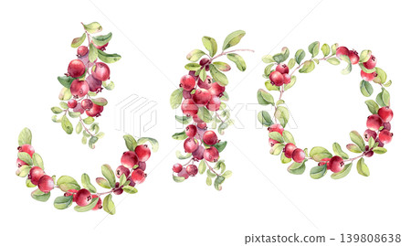 Watercolor lingonberry set for graphic design. Fresh red wild berries collection of clipart for greeting card, invitation, brochure, and craft project. Cranberry hand drawn elements, wreath isolated. Watercolor lingonberry set for graphic design. Fresh red wild berries collection of clipart for greeting card, invitation, brochure, and craft project. Cranberry hand drawn elements, wreath isolated. 139808638