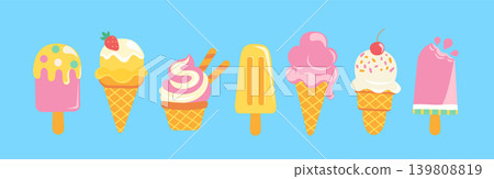 Set of sweet ice creams. Summer delicacy with different tasties. Isolated ice-cream cones and popsicle with different topping. Sundaes, gelatos for flyers, menu, web,design, print. Vector illustration Set of sweet ice creams. Summer delicacy with different tasties. Isolated ice-cream cones and popsicle with different topping. Sundaes, gelatos for flyers, menu, web,design, print. Vector illustration 139808819