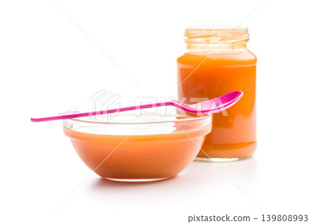 Homemade Baby Food Puree in Glass Jar and Bowl With Pink Spoon on White Background Homemade Baby Food Puree in Glass Jar and Bowl With Pink Spoon on White Background 139808993