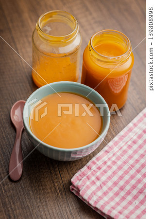 Homemade Carrot Baby Food Puree in Bowl With Jar and Spoon on Wooden Table Homemade Carrot Baby Food Puree in Bowl With Jar and Spoon on Wooden Table 139808998