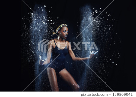 Fashion, beauty and black woman on dark background with powder for dance, style and art deco. Culture, aesthetic and isolated African person with cosmetics, trendy accessories and makeup in studio 139809041