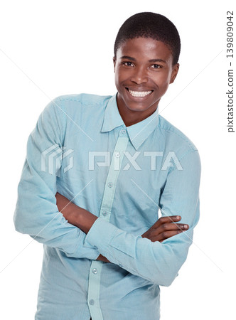 Happy, portrait and confident black man with positive attitude on a white studio background. Face of young African, male person or model with smile and arms crossed in confidence for fashion or style 139809042