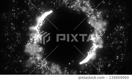Black and white glowing particle ring with bokeh sparkles on dark background, forming an elegant frame with central copy space Black and white glowing particle ring with bokeh sparkles on dark background, forming an elegant frame with central copy space 139809060