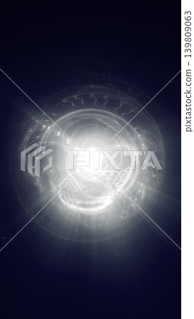 Bright white energy vortex with glowing circular trails, particles, and radiant center on a dark blue abstract background. Bright white energy vortex with glowing circular trails, particles, and radiant center on a dark blue abstract background. 139809063