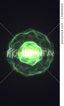 Bright green plasma orb with glowing core and fluid halo ring on dark background, suggesting atomic energy and futuristic science Bright green plasma orb with glowing core and fluid halo ring on dark background, suggesting atomic energy and futuristic science 139809069