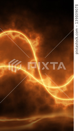 Fiery orange plasma cloud with a glowing infinity-shaped light trail, creating an abstract energy wave on a dark smoky background Fiery orange plasma cloud with a glowing infinity-shaped light trail, creating an abstract energy wave on a dark smoky background 139809078