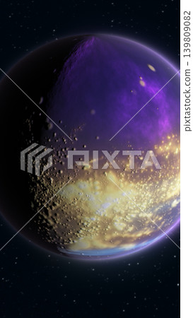 Dark cosmic planet with purple rim light, starry space background, and glowing particles forming a mysterious celestial surface. Dark cosmic planet with purple rim light, starry space background, and glowing particles forming a mysterious celestial surface. 139809082