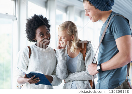 Diversity, learning or group of students in corridor planning for education or support in college project. Talking, university or friends with teamwork in school meeting for research or reading books Diversity, learning or group of students in corridor planning for education or support in college project. Talking, university or friends with teamwork in school meeting for research or reading books 139809128