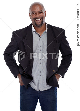 Business man, fashion and portrait in studio with smile, pride and confidence in trendy jacket by white background. African entrepreneur, person and happy in blazer, jeans and edgy clothes in Kenya Business man, fashion and portrait in studio with smile, pride and confidence in trendy jacket by white background. African entrepreneur, person and happy in blazer, jeans and edgy clothes in Kenya 139809164