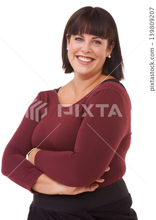 Happy woman, portrait and brunette standing in confidence with arms crossed in fashion on a white studio background. Face of confident female person or plus size model with smile for career or job Happy woman, portrait and brunette standing in confidence with arms crossed in fashion on a white studio background. Face of confident female person or plus size model with smile for career or job 139809207