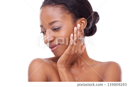 Skincare, touch and face of black woman, beauty and glow isolated on a white studio background. Hands, makeup and young African model in cosmetics, dermatology or spa facial treatment for smooth skin Skincare, touch and face of black woman, beauty and glow isolated on a white studio background. Hands, makeup and young African model in cosmetics, dermatology or spa facial treatment for smooth skin 139809265