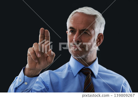 Business man, finger and press interface for choice isolated on a black studio background. Touch, professional and hand gesture on screen, click and future innovation of technology for senior CEO Business man, finger and press interface for choice isolated on a black studio background. Touch, professional and hand gesture on screen, click and future innovation of technology for senior CEO 139809267