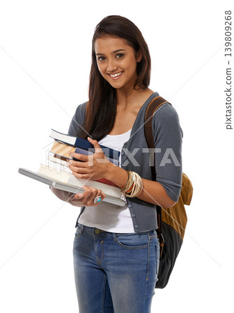 Woman, student and books in studio portrait, ready and textbooks for knowledge on white background. Female person, backpack and smile for studying, education and preparing for university or college 139809268