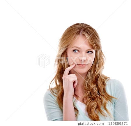 Woman, face and thinking or solution in studio for problem solving, contemplating or wondering on mockup space. Person, thoughtful or daydreaming with confidence, decision or hand on white background Woman, face and thinking or solution in studio for problem solving, contemplating or wondering on mockup space. Person, thoughtful or daydreaming with confidence, decision or hand on white background 139809271