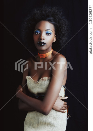 Fashion, beauty and portrait of black woman on dark background with confidence, style and pride. Culture, aesthetic and isolated African person with cosmetics, trendy accessories and makeup in studio 139809274