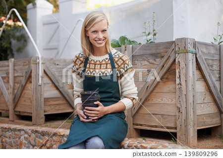 Smile, woman and vegetable garden with portrait in backyard with agriculture, sustainability and pot. Green, eco friendly and outdoor with healthy growth and a gardener with plant nursery soil Smile, woman and vegetable garden with portrait in backyard with agriculture, sustainability and pot. Green, eco friendly and outdoor with healthy growth and a gardener with plant nursery soil 139809296