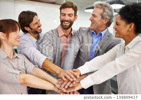 Collaboration, smile and business people with hands in huddle at office for meeting, motivation or support. Teamwork, goals and target with happy employee group in workplace for celebration of bonus 139809417