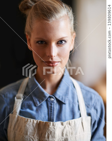 Woman, portrait and chef or apron with confidence in restaurant or preparing meal, nutrition or hospitality. Female person, waitress and face or cooking as career or customer service, dinner or lunch Woman, portrait and chef or apron with confidence in restaurant or preparing meal, nutrition or hospitality. Female person, waitress and face or cooking as career or customer service, dinner or lunch 139809614