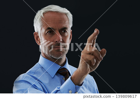 Business man, finger and future interface for choice isolated on a black studio background. Touch, professional and hand gesture on screen, click button and innovation of technology for senior CEO Business man, finger and future interface for choice isolated on a black studio background. Touch, professional and hand gesture on screen, click button and innovation of technology for senior CEO 139809617