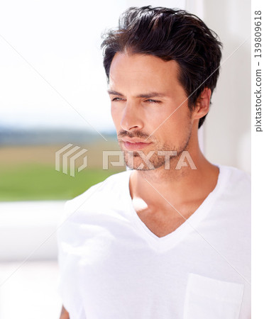 Serious, thinking and man with fashion outdoor in summer with memory of vacation or holiday. Casual, style and calm person relax in morning sunshine on break and remember idea for trendy outfit Serious, thinking and man with fashion outdoor in summer with memory of vacation or holiday. Casual, style and calm person relax in morning sunshine on break and remember idea for trendy outfit 139809618