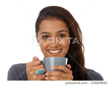 Woman, drinking tea and relaxing in studio portrait, caffeine and comfortable on white background. Female person, smile and calming tea or hot beverage for peace, inspiration and espresso to enjoy 139809662