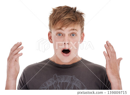 Man, portrait and surprised in studio for announcement or secret news for information, discount or mockup space. Male person, face and hands with omg shock or white background, emoji or mouth open Man, portrait and surprised in studio for announcement or secret news for information, discount or mockup space. Male person, face and hands with omg shock or white background, emoji or mouth open 139809715