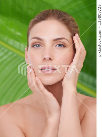 Woman, skincare and portrait with beauty, plants and sustainability for organic cosmetics. Girl, person or model with palm tree for wellness, touch or glow with dermatology for facial skin by leaves Woman, skincare and portrait with beauty, plants and sustainability for organic cosmetics. Girl, person or model with palm tree for wellness, touch or glow with dermatology for facial skin by leaves 139809729