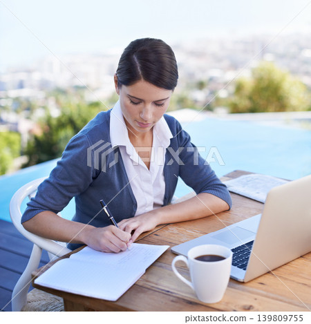 Woman, writing notes and remote work with laptop, notebook and morning coffee for schedule and agenda. Planning, information and research with tech, journalist with ideas for article and busy outdoor 139809755