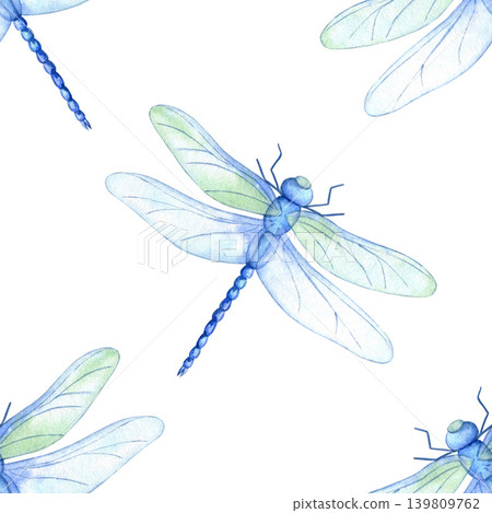 Watercolor seamless pattern with flying dragonflies isolated on white background. Hand drawn  botanical insect texture for summer textile print, wrapping paper, wallpaper and stationery design. 139809762