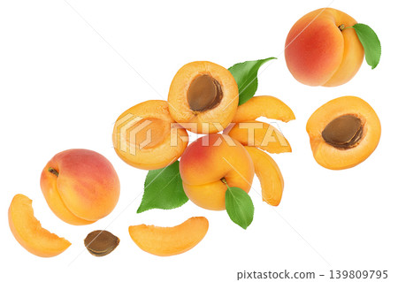 apricot fruit with half and slices isolated on white background. Clipping path. Top view. Flat lay apricot fruit with half and slices isolated on white background. Clipping path. Top view. Flat lay 139809795