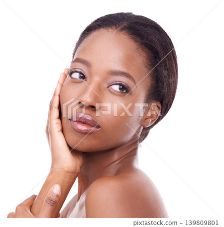 Face, skincare and black woman with beauty in studio, white background and cosmetics mockup. African, model and healthy glow on skin from dermatology, makeup or person with confidence and pride Face, skincare and black woman with beauty in studio, white background and cosmetics mockup. African, model and healthy glow on skin from dermatology, makeup or person with confidence and pride 139809801