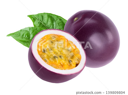 whole passion fruits with half isolated on white background. maracuya with full depth of field whole passion fruits with half isolated on white background. maracuya with full depth of field 139809804