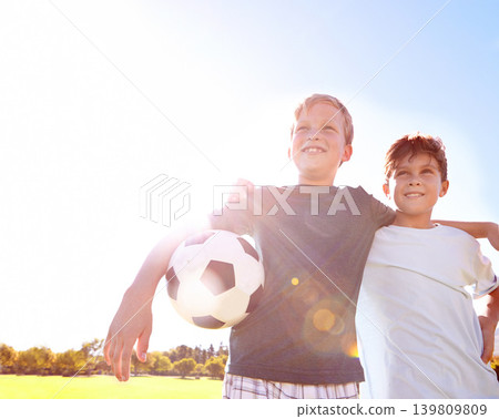 Soccer, friends and hug for unity on field, support and solidarity for sports game on grass. Happy boys, children and embrace on outdoor pitch, bonding and pride for collaboration in challenge Soccer, friends and hug for unity on field, support and solidarity for sports game on grass. Happy boys, children and embrace on outdoor pitch, bonding and pride for collaboration in challenge 139809809