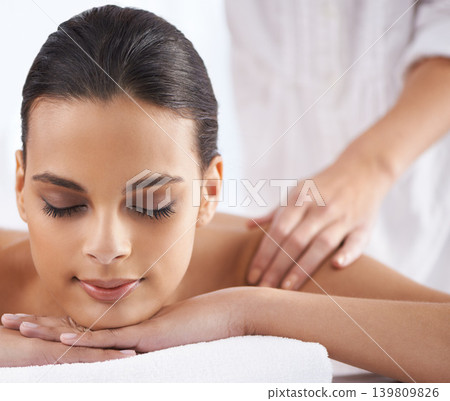 Spa, massage and wellness of a woman, peace and weekend break with health therapy for zen treatment. Body care, relaxing and skin session of a customer feeling calm with vacation and getaway trip Spa, massage and wellness of a woman, peace and weekend break with health therapy for zen treatment. Body care, relaxing and skin session of a customer feeling calm with vacation and getaway trip 139809826