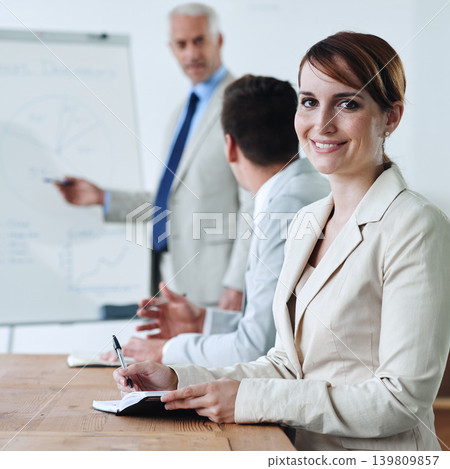 Meeting, presentation and business woman in portrait, notes for planning with collaboration or corporate training session. Seminar, information and CEO with whiteboard, smile for team and strategy Meeting, presentation and business woman in portrait, notes for planning with collaboration or corporate training session. Seminar, information and CEO with whiteboard, smile for team and strategy 139809857