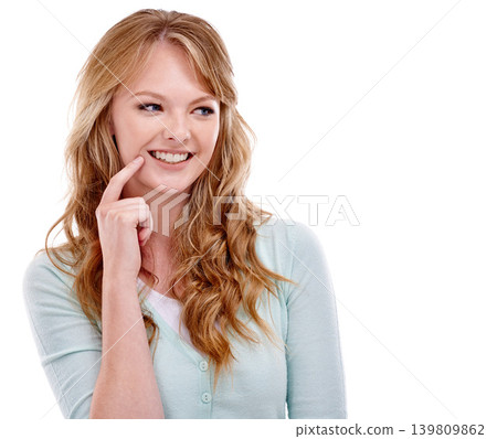 Woman, face and thinking or decision in studio for problem solving, happiness and wondering on mockup space. Person, thoughtful and daydreaming with confidence, solution and hand on white background Woman, face and thinking or decision in studio for problem solving, happiness and wondering on mockup space. Person, thoughtful and daydreaming with confidence, solution and hand on white background 139809862
