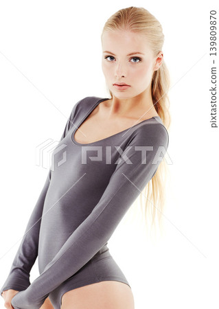 Style, portrait and woman in leotard in studio for creative, art and ballet dancing entertainment. Confidence, beauty and serious female dancer in body suit for ballerina fashion by white background. 139809870
