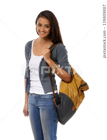 Woman, student and backpack in studio portrait, scholarship and ready for university or college. Female person, bag and preparing for school on white background, happy and learning or knowledge 139809887
