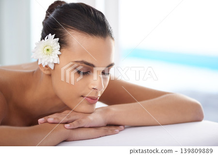 Woman, massage and organic treatment for relaxing, wellness and beauty therapy for body care. Female person, calm and serene or dermatology, cosmetics and resting at resort hotel and peace or zen Woman, massage and organic treatment for relaxing, wellness and beauty therapy for body care. Female person, calm and serene or dermatology, cosmetics and resting at resort hotel and peace or zen 139809889