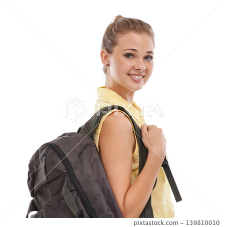 High school, ready or portrait of student in studio on white background for class, learning or education. Happy girl, smile or face of woman with bag excited for lesson, youth academy or development High school, ready or portrait of student in studio on white background for class, learning or education. Happy girl, smile or face of woman with bag excited for lesson, youth academy or development 139810010