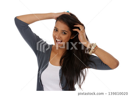 Woman, fashion and hair in studio portrait, smile and confidence for casual style on backdrop. Female person, happy and pride for trendy outfit on white background, hairstyle and playing for fun Woman, fashion and hair in studio portrait, smile and confidence for casual style on backdrop. Female person, happy and pride for trendy outfit on white background, hairstyle and playing for fun 139810020