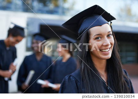Woman, student and portrait at graduation, milestone and university success or achievement. Happy female person, smile and pride at outdoor ceremony, higher education and knowledge in qualification Woman, student and portrait at graduation, milestone and university success or achievement. Happy female person, smile and pride at outdoor ceremony, higher education and knowledge in qualification 139810034