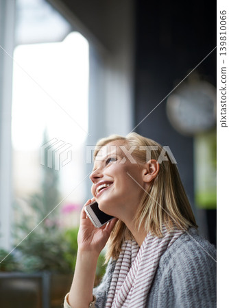 Phone call, talking and woman with smile in coffee shop for connection, social networking and chat. Restaurant, cafeteria and happy person on smartphone for conversation, communication and speaking Phone call, talking and woman with smile in coffee shop for connection, social networking and chat. Restaurant, cafeteria and happy person on smartphone for conversation, communication and speaking 139810066