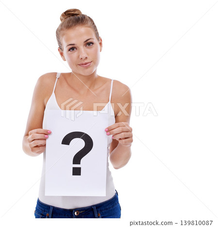 Question mark, portrait or woman with sign or doubt for decision, ideas or problem solving in studio. Confused, mockup space or female model with why icon or board for solution on white background 139810087
