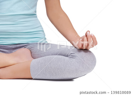 Closeup, yoga and meditation with woman, lotus pose and chakra energy exercise isolated on a white studio background. Person, girl and model with fitness and zen with peace and workout for wellness Closeup, yoga and meditation with woman, lotus pose and chakra energy exercise isolated on a white studio background. Person, girl and model with fitness and zen with peace and workout for wellness 139810089