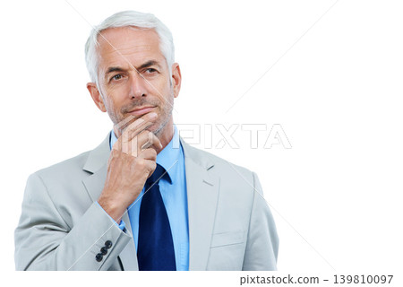Studio, lawyer or mature businessman with idea for consumer lawsuit or problem solving by white background. Senior person, thinking or planning in commercial law and legal case of confident attorney 139810097