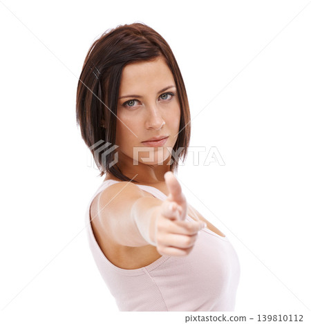 Angry, woman and portrait with finger gun pointing in threat or warning on white background in studio. Shooting, weapon and serious gesture with hand and person acting as a spy or agent on mockup Angry, woman and portrait with finger gun pointing in threat or warning on white background in studio. Shooting, weapon and serious gesture with hand and person acting as a spy or agent on mockup 139810112