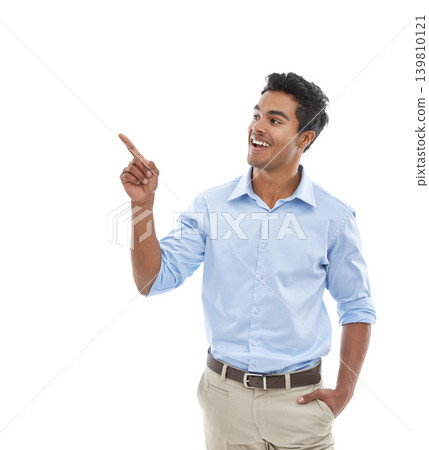 Business man, pointing and presentation in studio for news, announcement or information of career or job. Excited employee, accountant or presenter with guide, steps or list on a white background Business man, pointing and presentation in studio for news, announcement or information of career or job. Excited employee, accountant or presenter with guide, steps or list on a white background 139810121